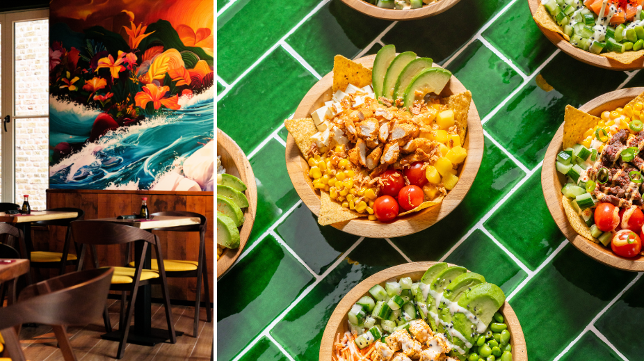 Interieur en eten van Hawaiian Poké Bowl